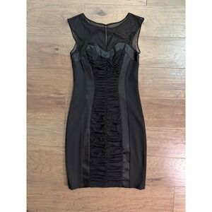 Cache Black Mesh Ruched‎ Bodycon Cocktail Dress Size 8 Sleeveless Illusion Neck